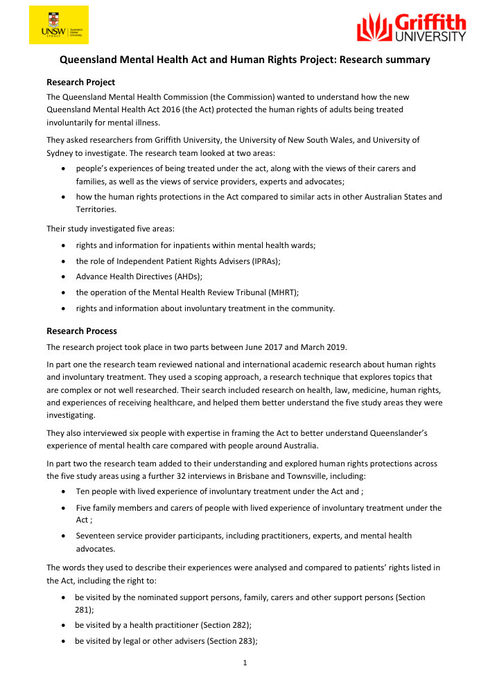 Thumbnail of Queensland Mental Health Act and human rights project: Research summary