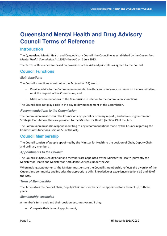 Thumbnail of Queensland Mental Health and Drug Advisory Council Terms of Reference