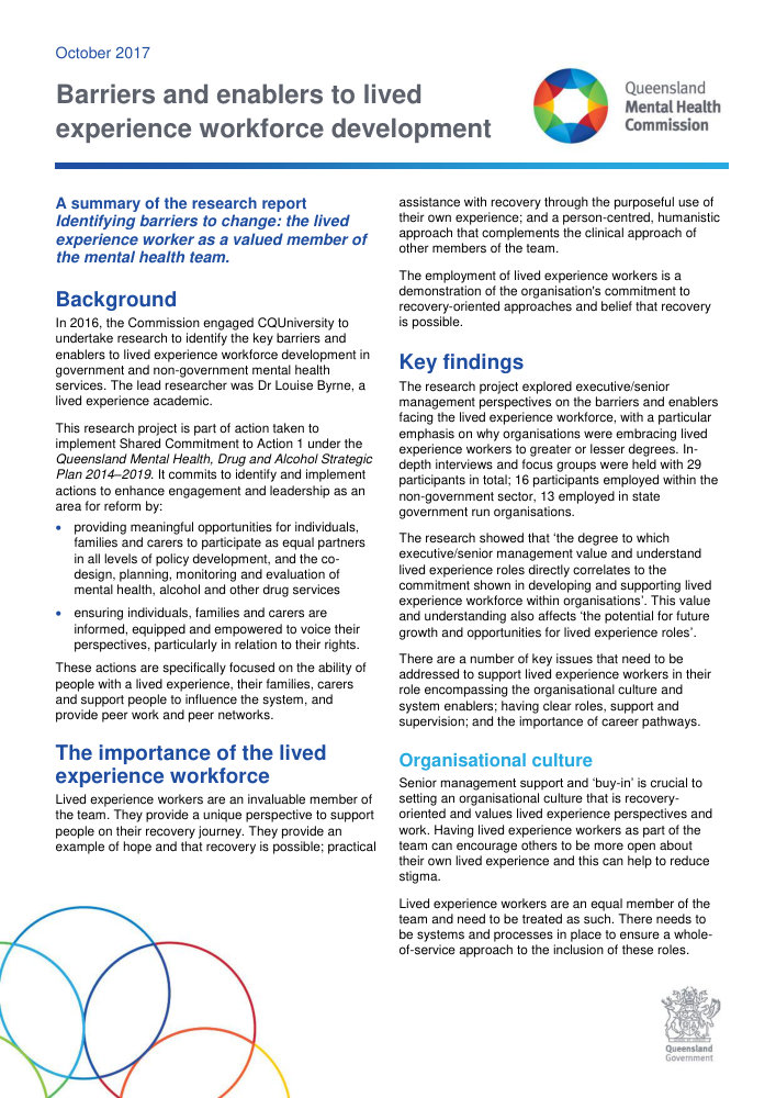 Thumbnail of Barriers and enablers to lived experience workforce development
