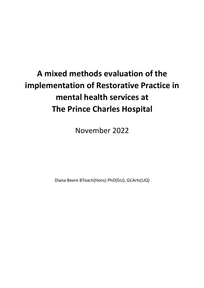 Thumbnail of Restorative Practice in mental health services at The Prince Charles Hospital: evaluation