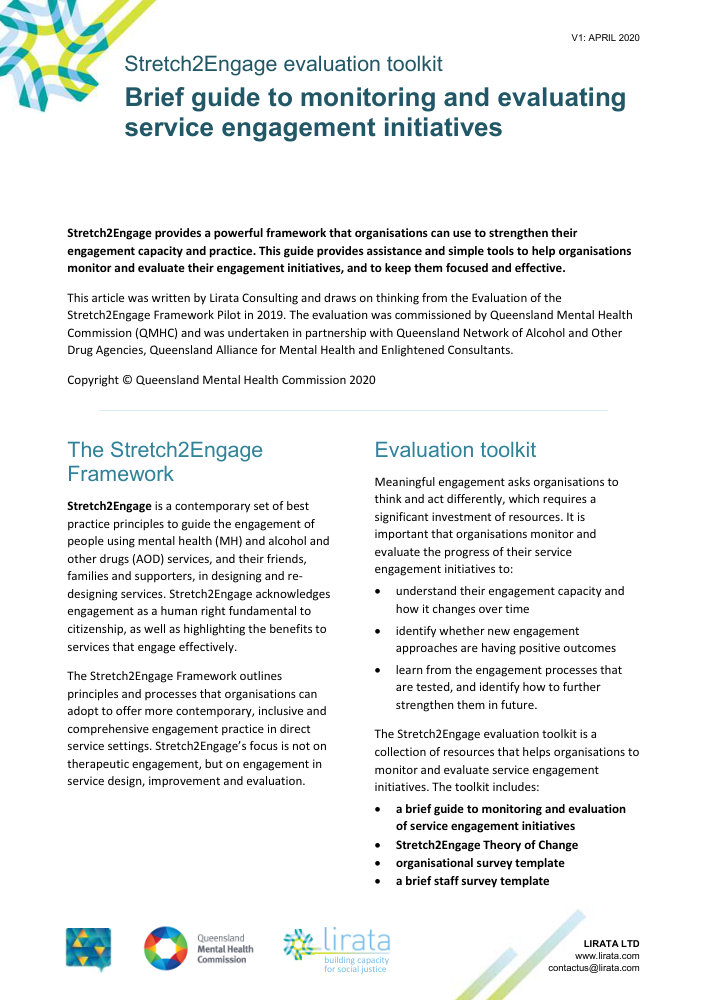 Thumbnail of Stretch2Engage evaluation toolkit: Brief guide to monitoring and evaluating service engagement initiatives