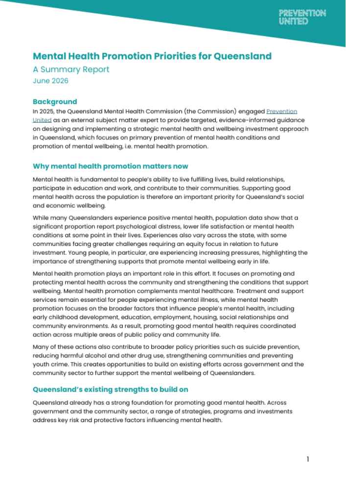 Thumbnail of Mental Health Promotion Priorities for Queensland: Summary